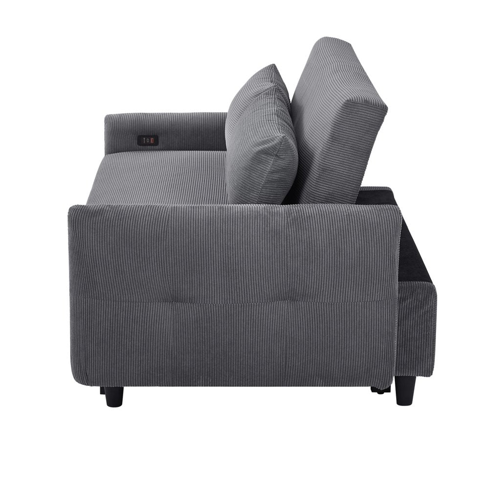 57.48" Dark Grey Corduroy Loveseats, Convertible with USB Ports & Adjustable Backrest