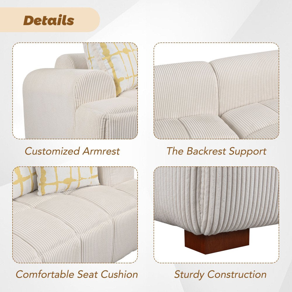 103.9" Modern Beige Corduroy Couch, Beautifully Striped with Four Pillows & Solid Wood Frame