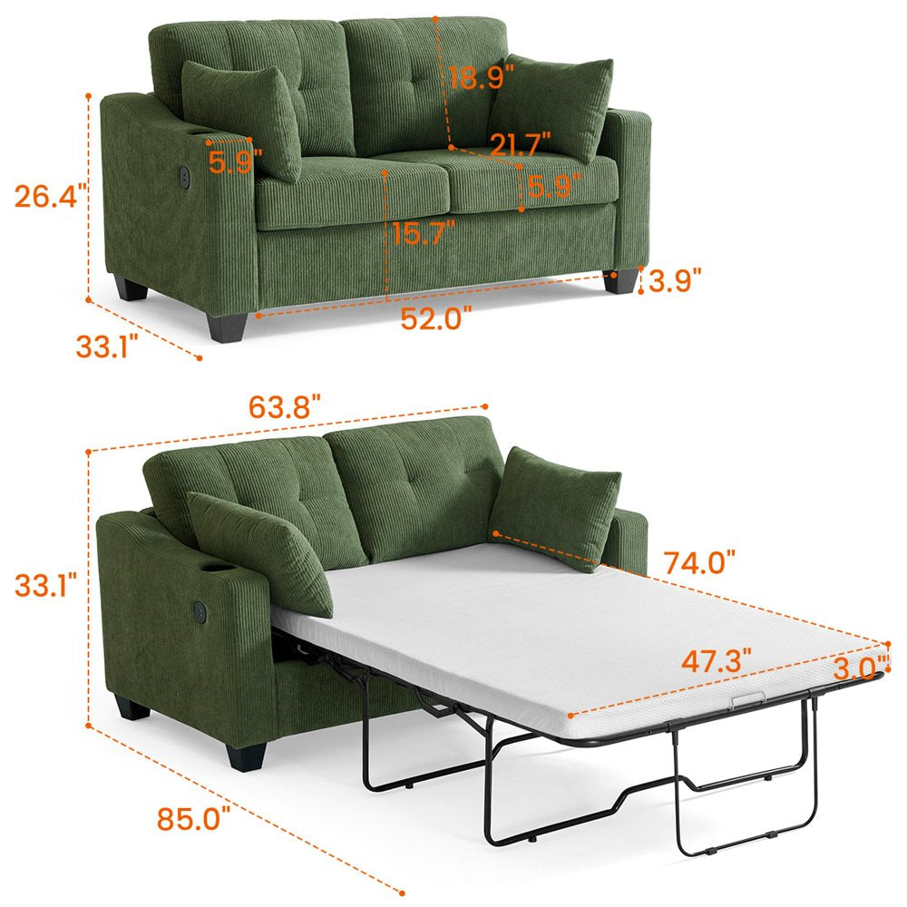 2-In-1 Convertible Green Corduroy Couch with USB Charging