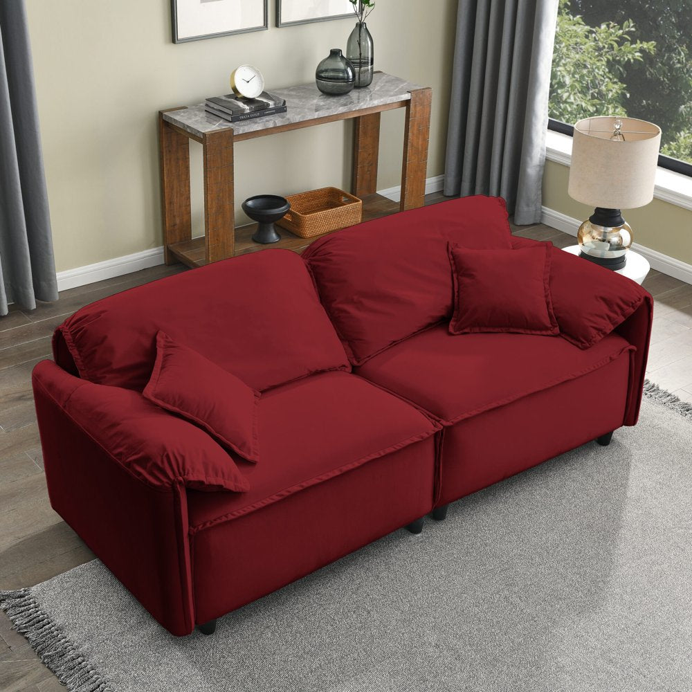 79" 3 Seater Modern Red Corduroy Couch, Solid Wood Frame with 2 Pillows