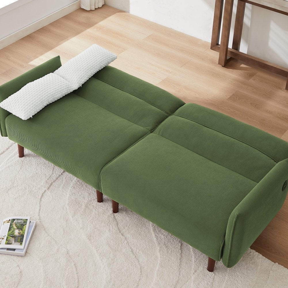 Convertible Green Corduroy Couch with 2 Pillows, Adjustable Backrest & USB Port