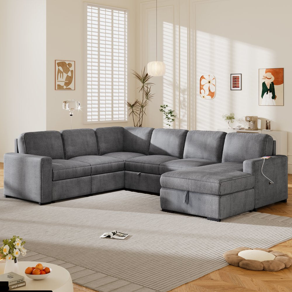 116.5"W U-Shaped Oversized Corduroy Couch with Storage Chaise Lounge