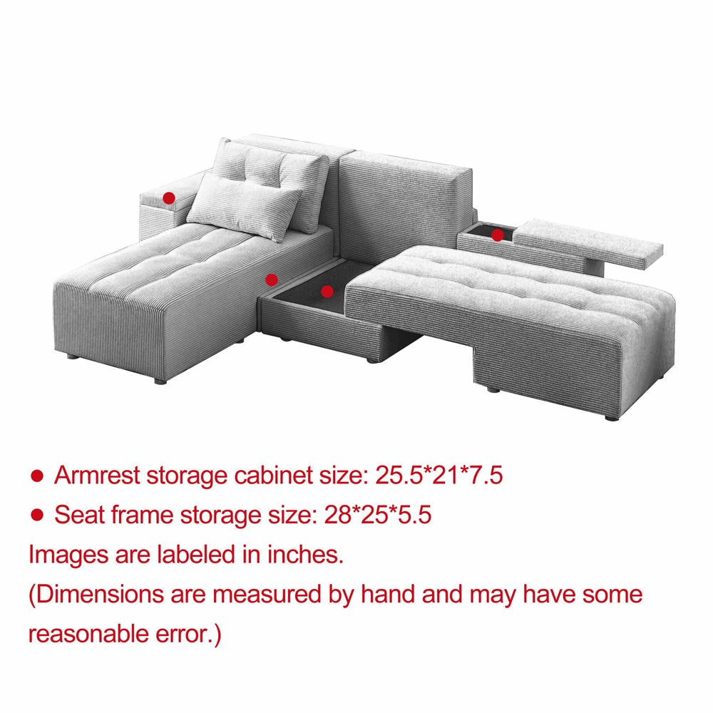 77''-111'' W Convertible L-Shaped Gray Corduroy Sectional Couch with 4 Storage Space