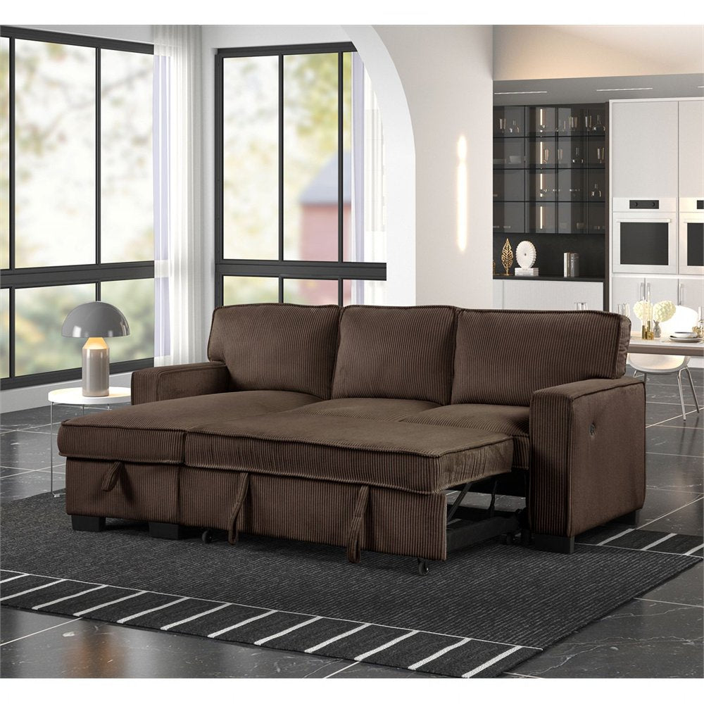 Brown Corduroy Sleeper Sectional Couch with Reversible Storage Chaise