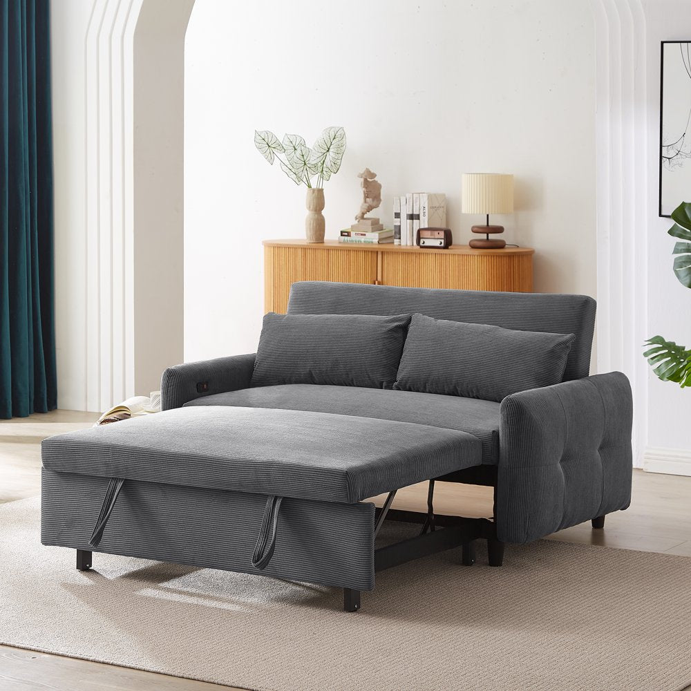 57.48" 2 Seat Modern Dark Grey Corduroy Loveseats with 2 Pillows & USB Ports