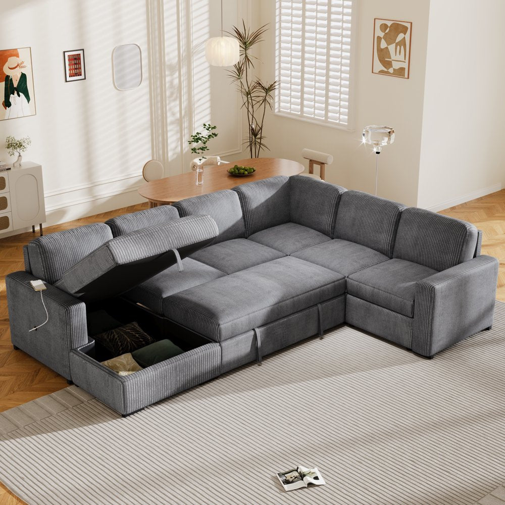 116.5×90.6" 6-Seater U-Shaped Oversized Corduroy Couch with Storage Ottoman