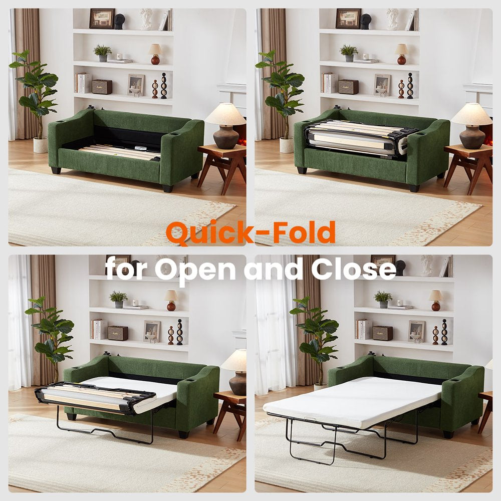 2-In-1 Convertible Green Corduroy Couch with USB Charging