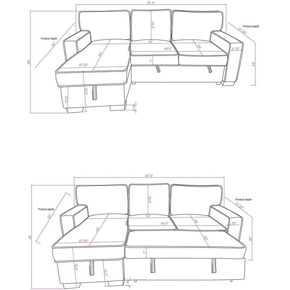 Brown Corduroy Sleeper Sectional Couch with Reversible Storage Chaise