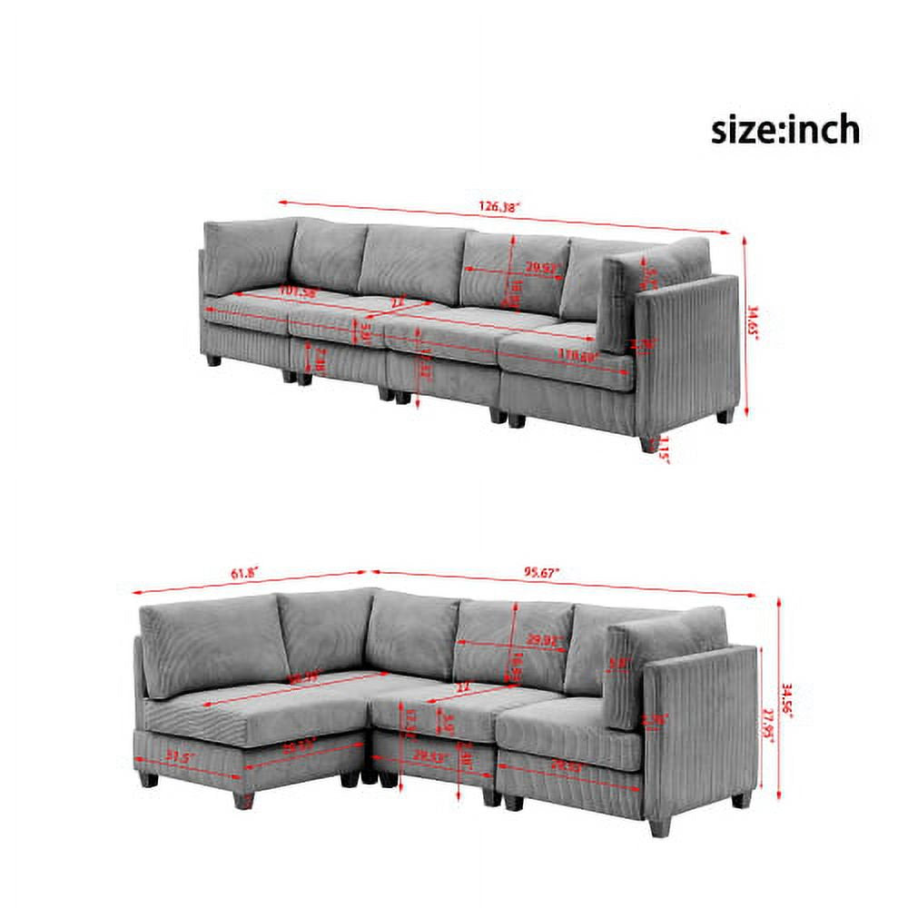 126" 4-Seat L-Shaped Grey Corduroy Sectional Couch with Chaise Lounge & Metal Legs