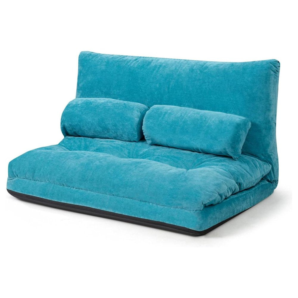 Convertible Blue Corduroy Loveseats with 2 Pillows, Folding 6-Position Adjustable Loveseat