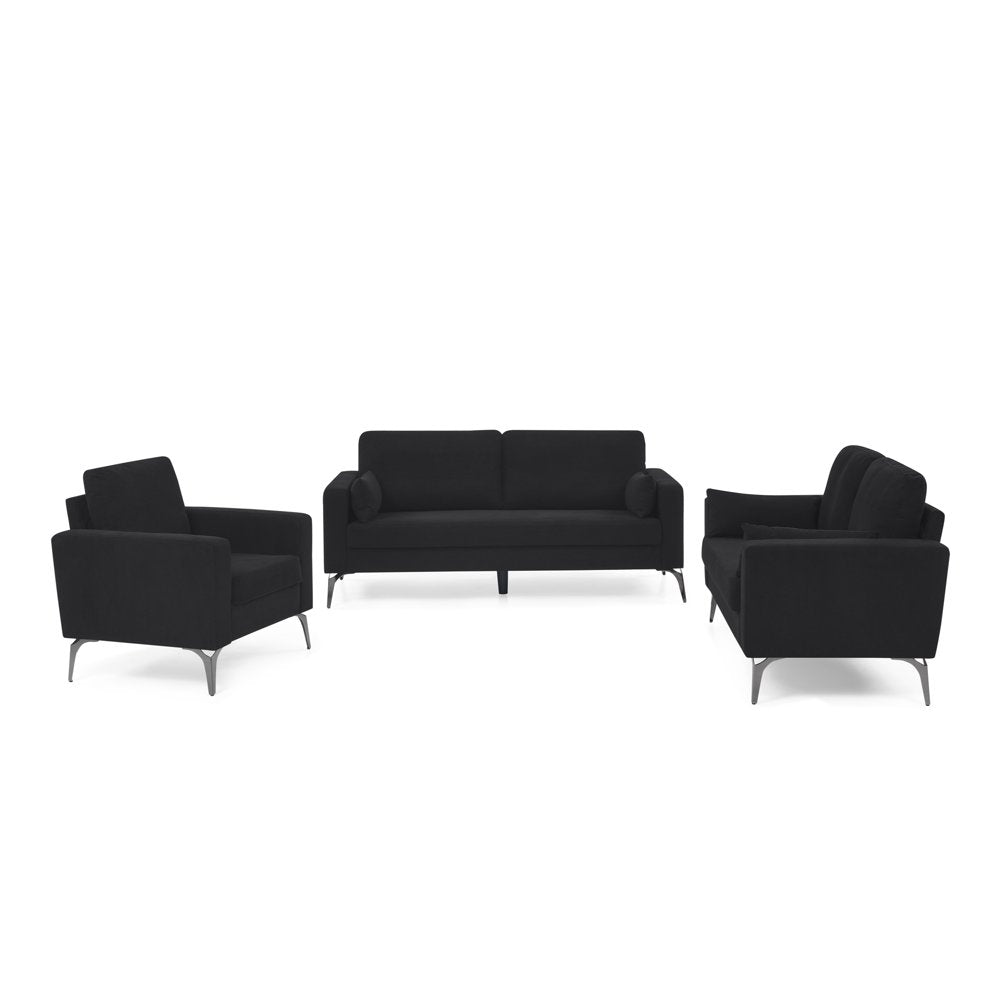 3-Piece Living Room Couch Set, 3-Seater Black Corduroy Couch with Two Small Pillows