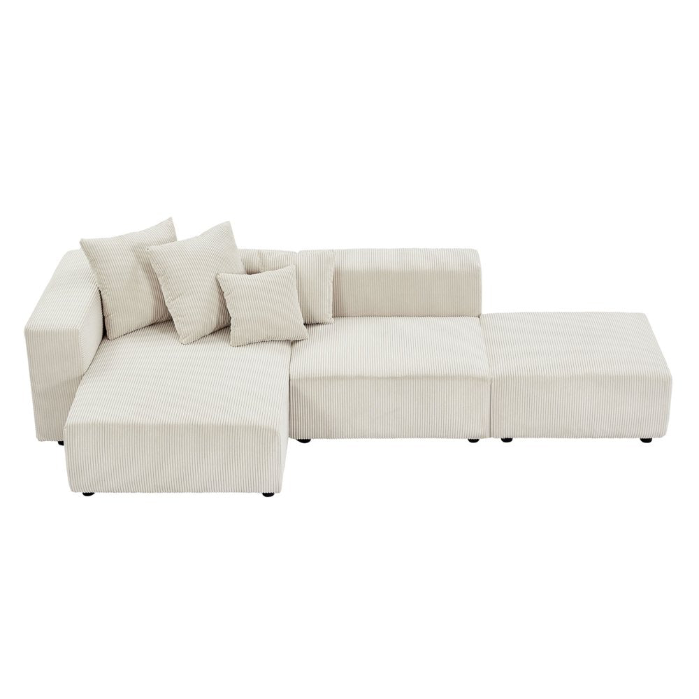 118" Modern L-Shaped Beige Corduroy Sectional Couch with Reversible Chaise