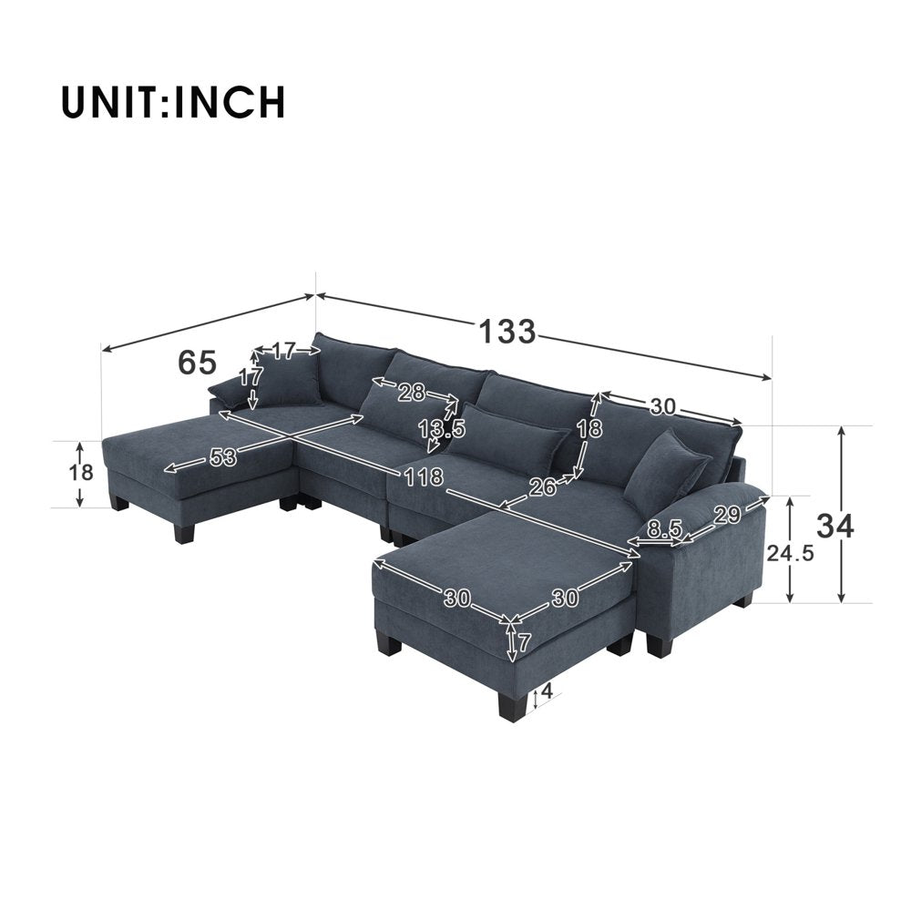 6 Seat U-Shaped Grey Corduroy Sectional Couch with Armrest Bags