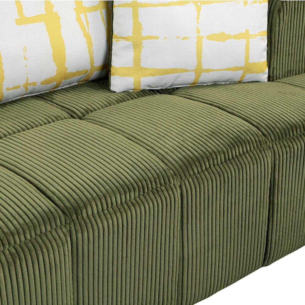 103.9" Modern Green Corduroy Couch with 4 Pillows & Rubber Wood Legs