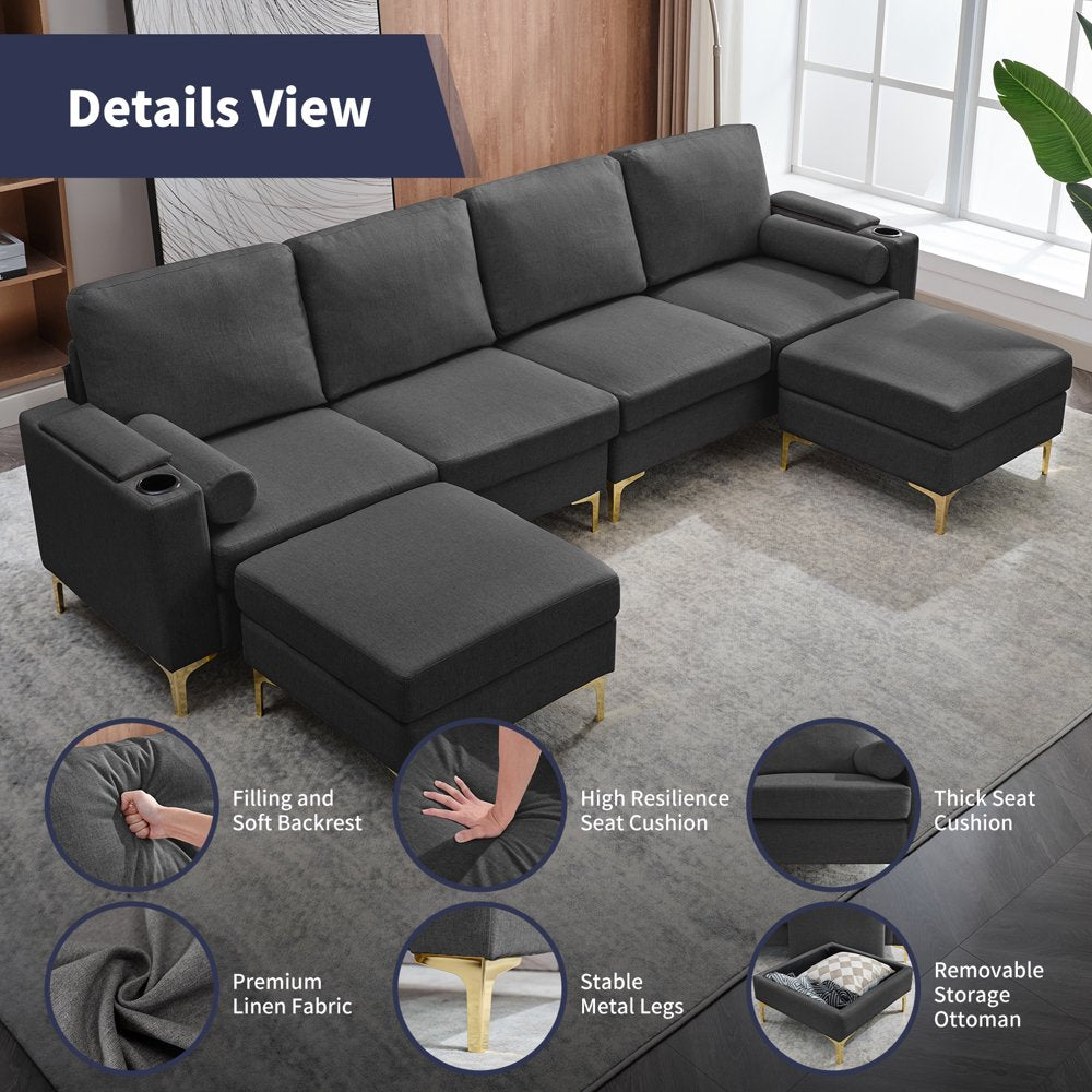 U-Shaped Dark Grey Oversized Corduroy Couch with Storage Ottoman