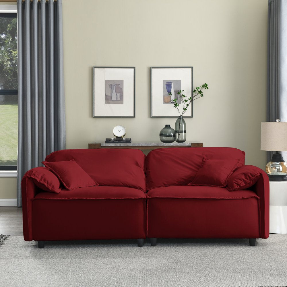 79" 3 Seater Modern Red Corduroy Couch, Solid Wood Frame with 2 Pillows