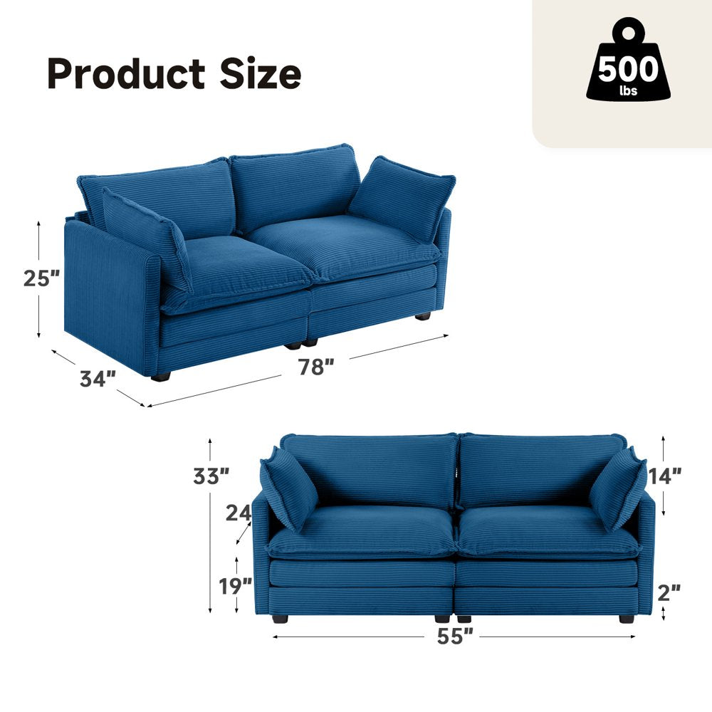 76.8" Modern 2 Seater Navy Corduroy Loveseats for Living Room