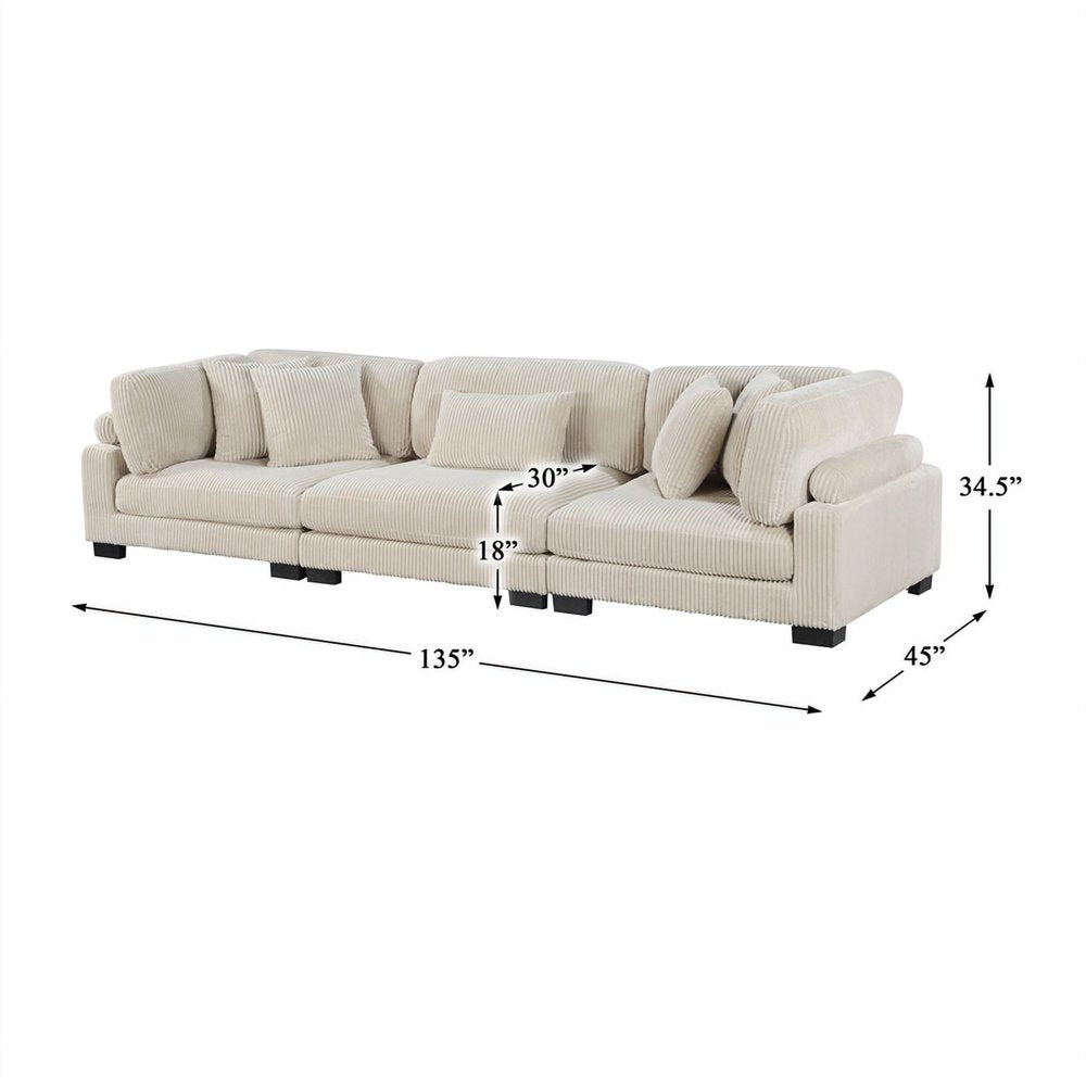 Traverse Upholstered Beige Corduroy Couch with Arm Rest