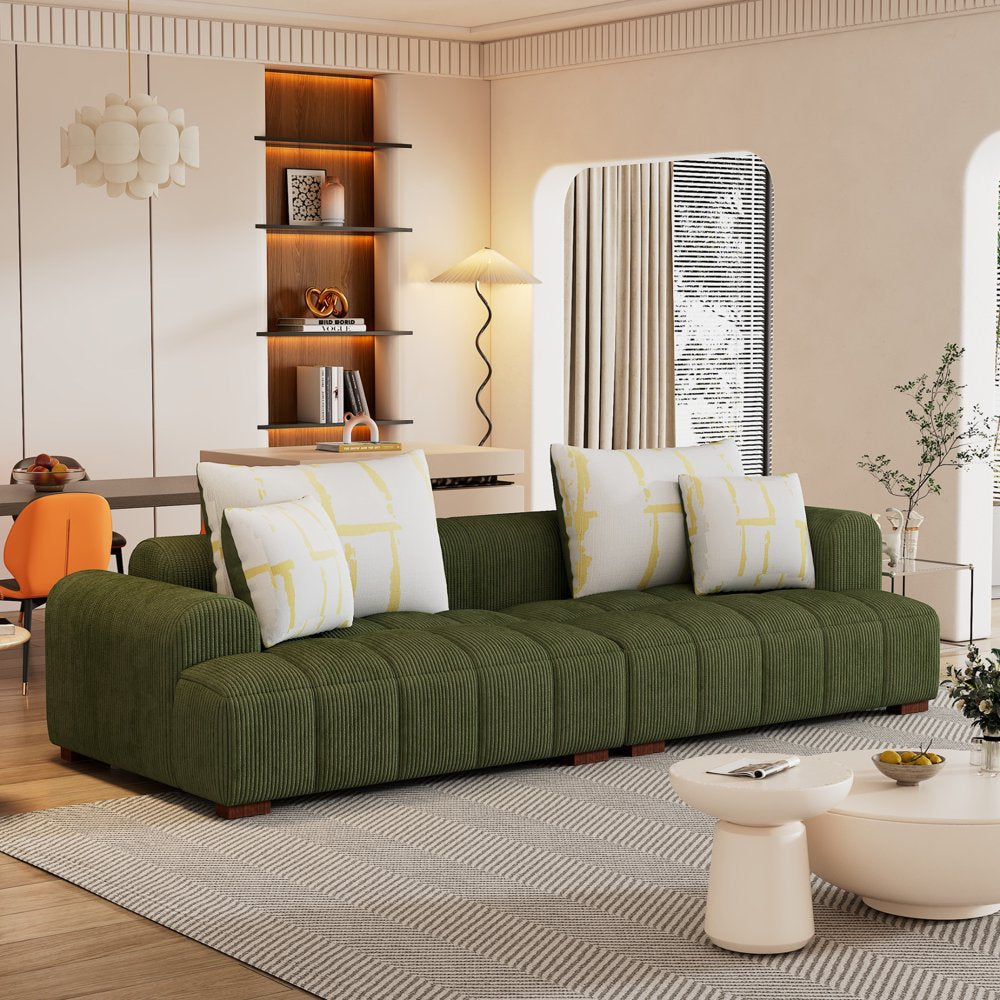 103.9" Modern Green Corduroy Couch with 4 Pillows & Rubber Wood Legs