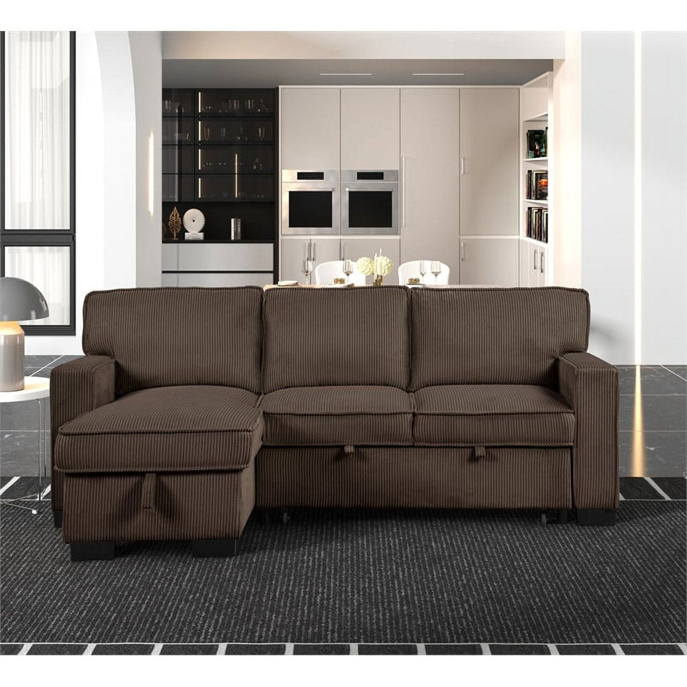 Brown Corduroy Sleeper Sectional Couch with Reversible Storage Chaise