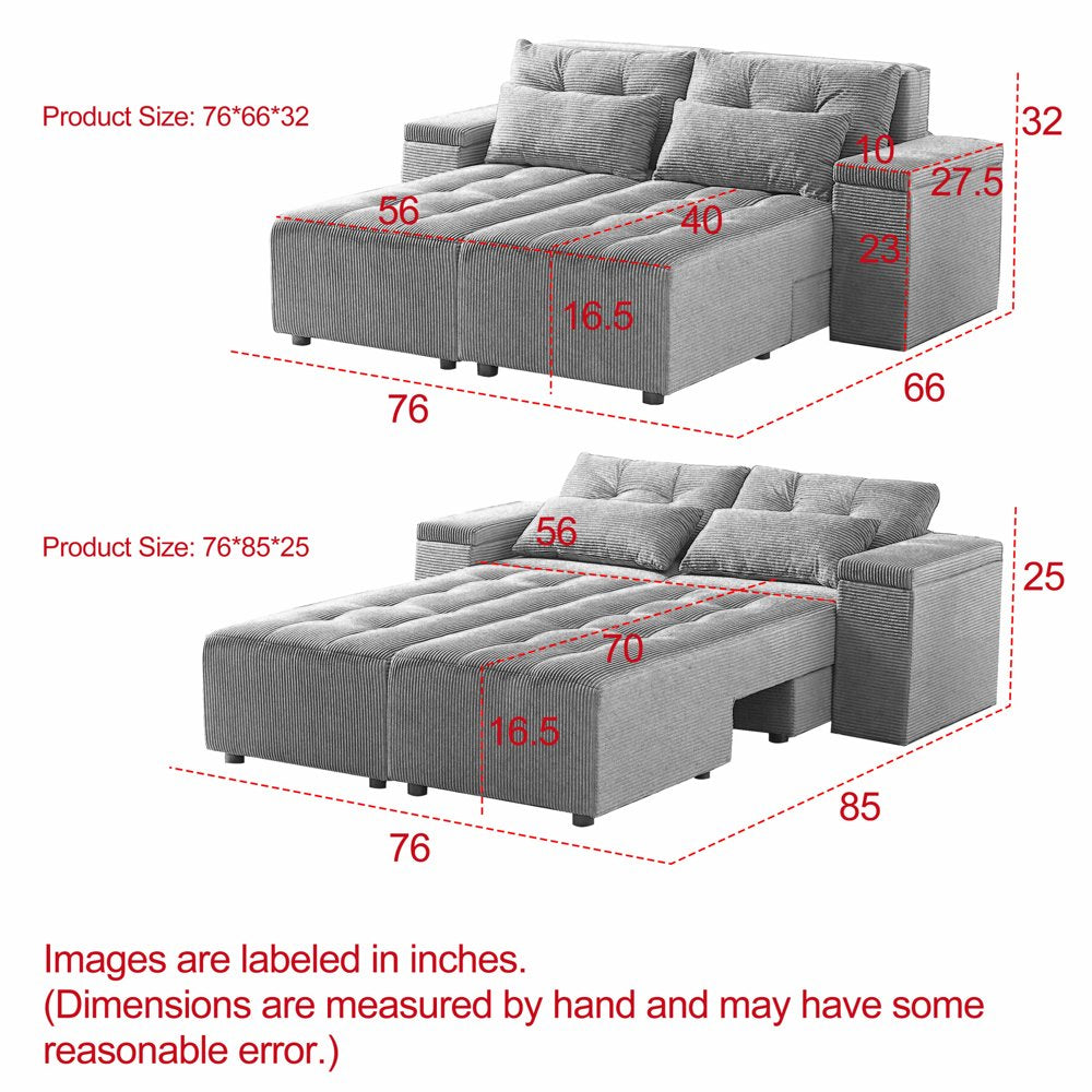 77''-111'' W Convertible L-Shaped Gray Corduroy Sectional Couch with 4 Storage Space