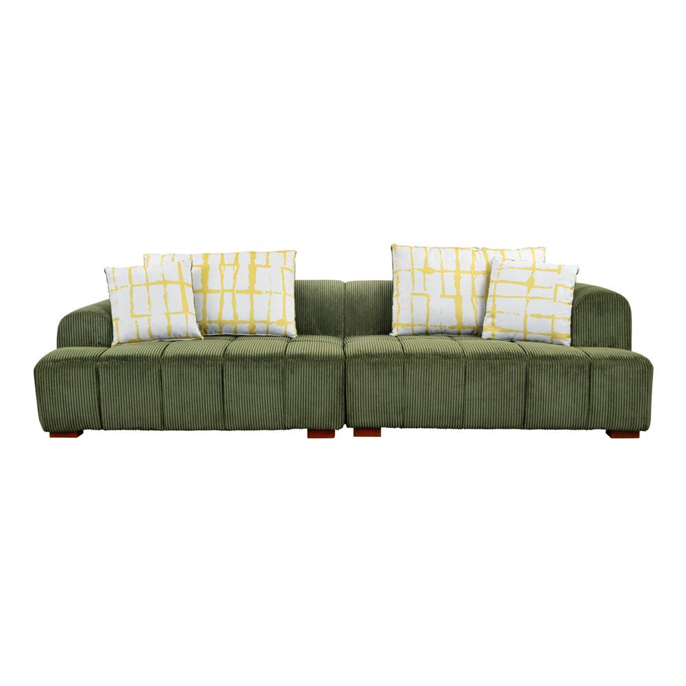 4-Seater Modern Green Corduroy Couch with 4 Pillows Rubber Wood Legs