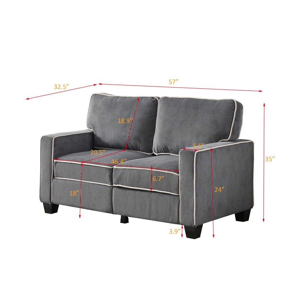 57 Inch Modern Upholstered 2 Seater Dark Grey Corduroy Loveseats