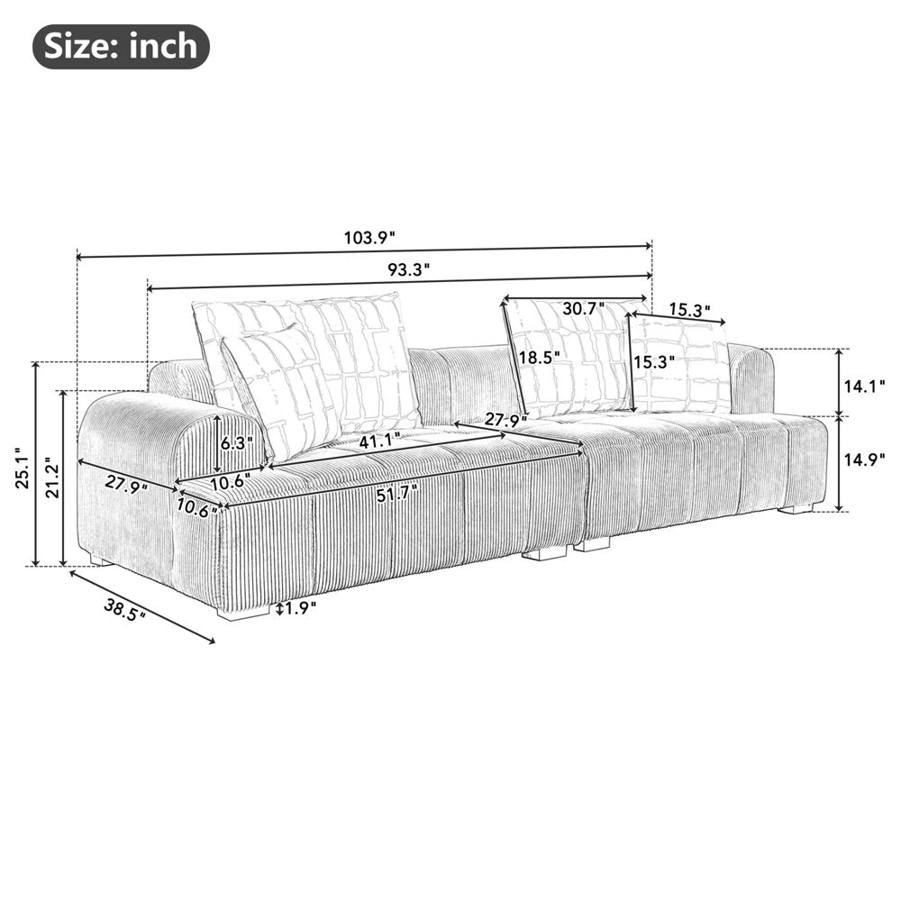 103.9" Modern Green Corduroy Couch with 4 Pillows & Rubber Wood Legs