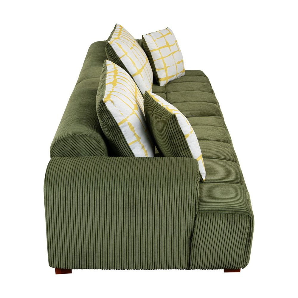 4-Seater Modern Green Corduroy Couch with 4 Pillows Rubber Wood Legs