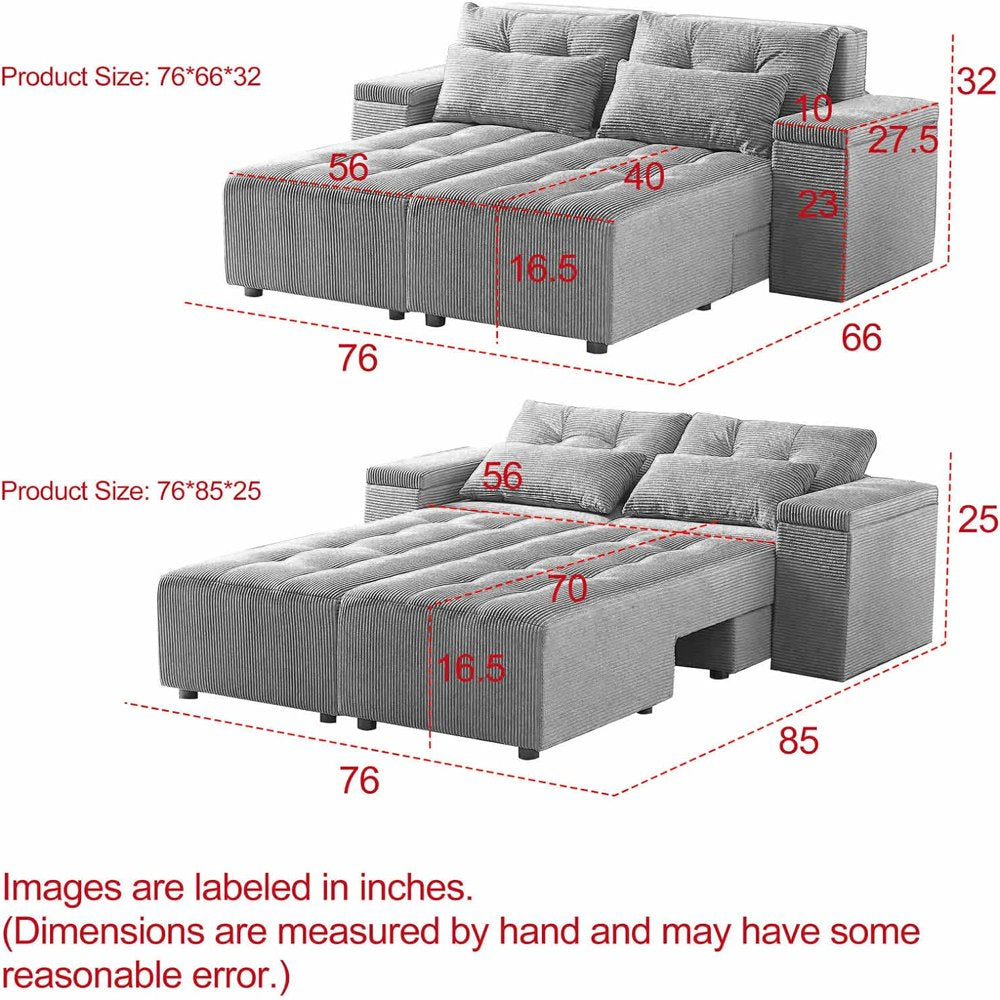 77''-111'' Wide 4 Seaters Beige Corduroy Sectional Couch with Pull Out Bed & 4 Pillows