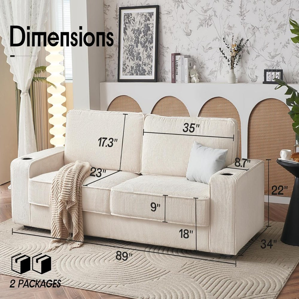 89 Inch Beige Oversized Corduroy Couch with USB Charging Ports & Cup Holders