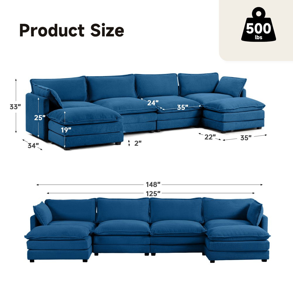 U-Shaped Convertible Navy Corduroy Sectional Couch with 2 Ottomans