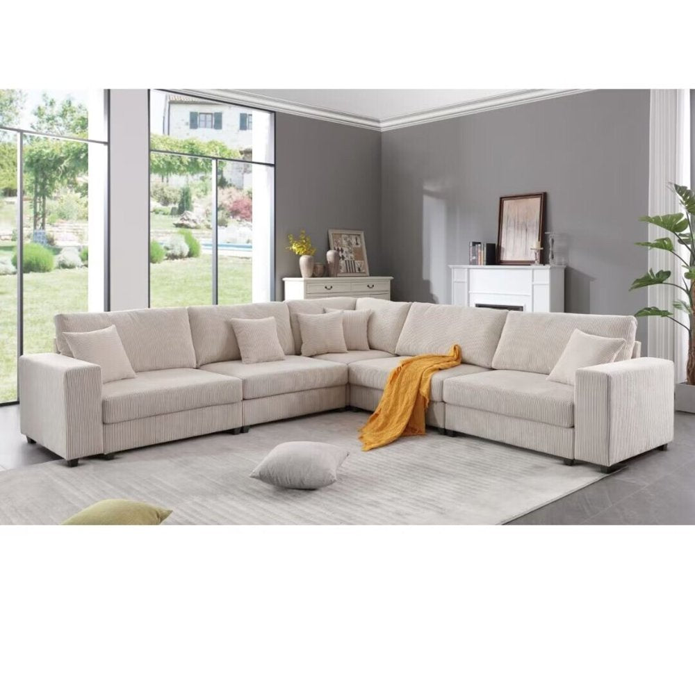 146.5" X 33.5" X 37" Oversized Modular Beige Corduroy Sectional Couch Set