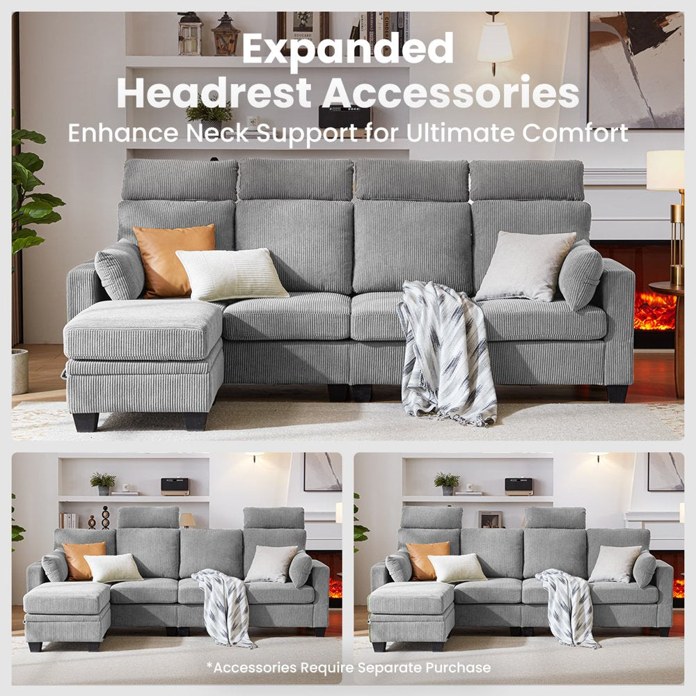 L Shaped 4-Seat Corduroy Sectional Couch with Chaise & Storage Ottoman