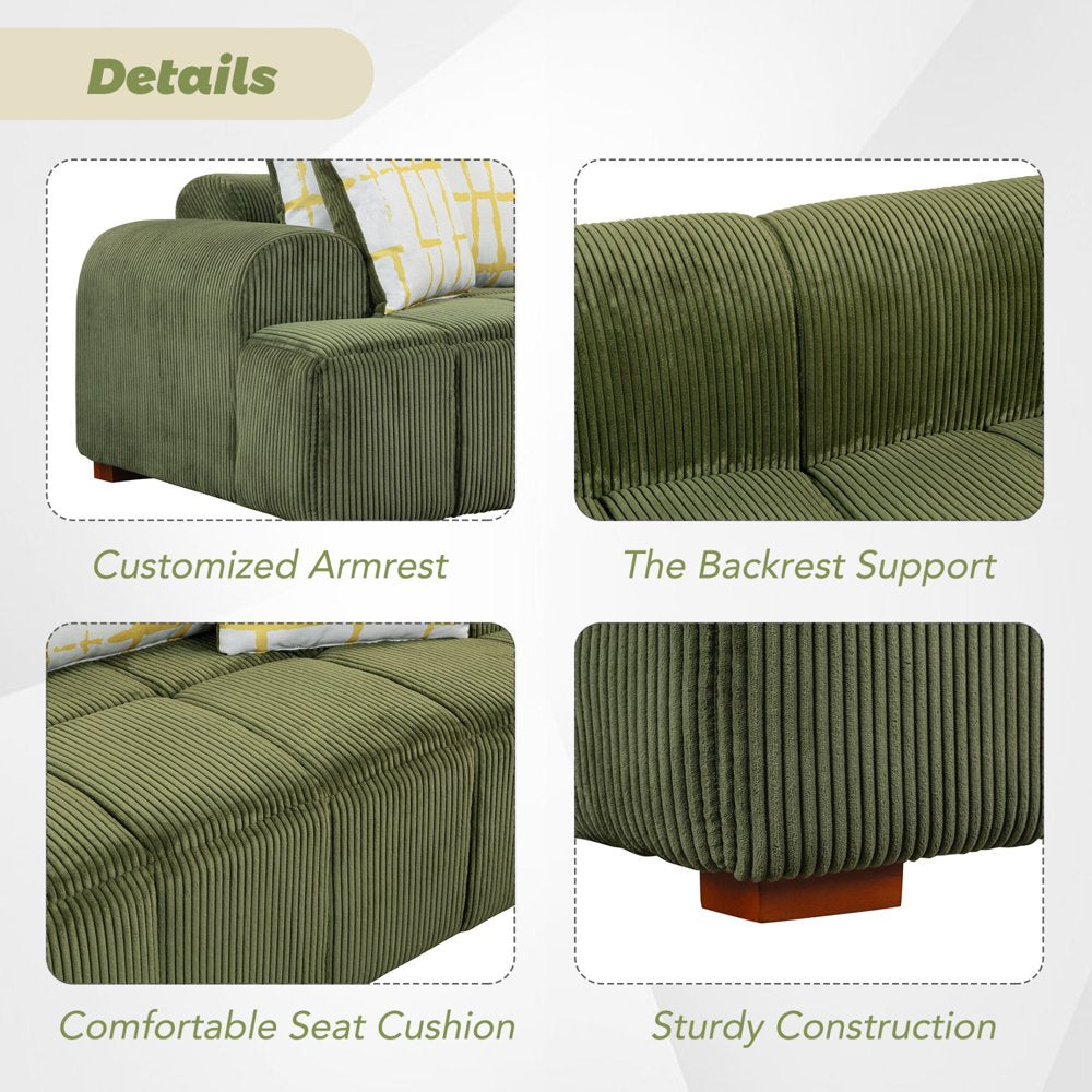 103.9" Modern Green Corduroy Couch with 4 Pillows & Rubber Wood Legs