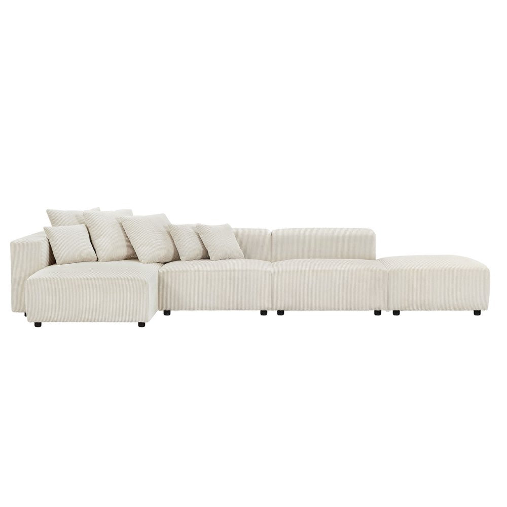 4-Piece Set Corduroy Sectional Modular Sofa with 6 Throw Pillows, Soft L-Shaped Chaise Couch, Beige - Corduroy Couch Set