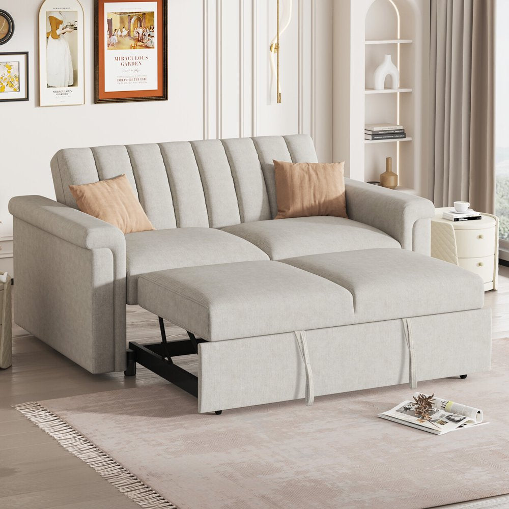 61.4'' Convertible Beige Corduroy Loveseats with Pull-Out Bed & Adjustable Backrest