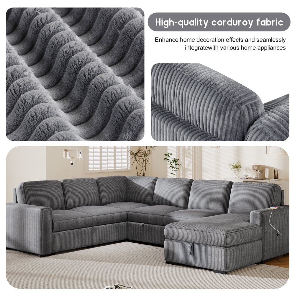 116.5×90.6" 6-Seater U-Shaped Oversized Corduroy Couch with Storage Ottoman