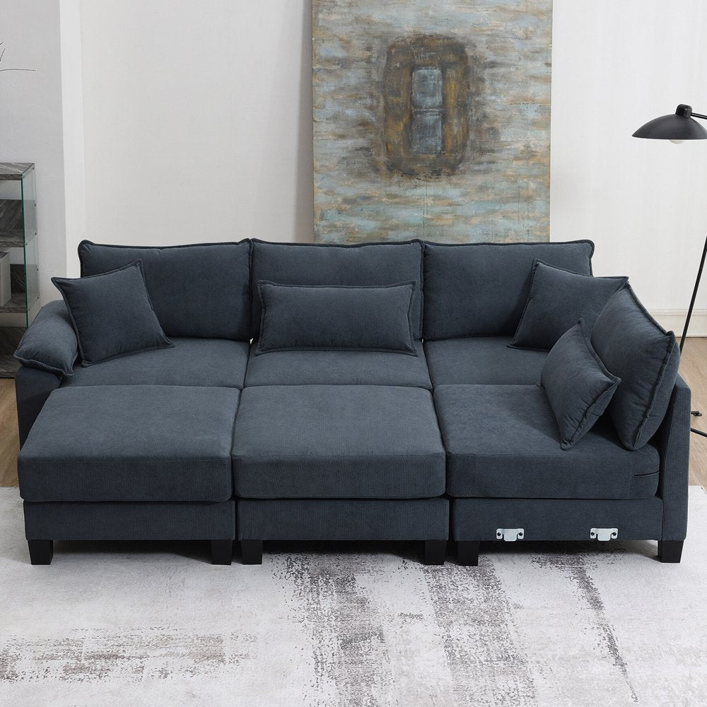 133" 6-Seater U Shaped Grey Corduroy Sectional Couch with 4 Pillows