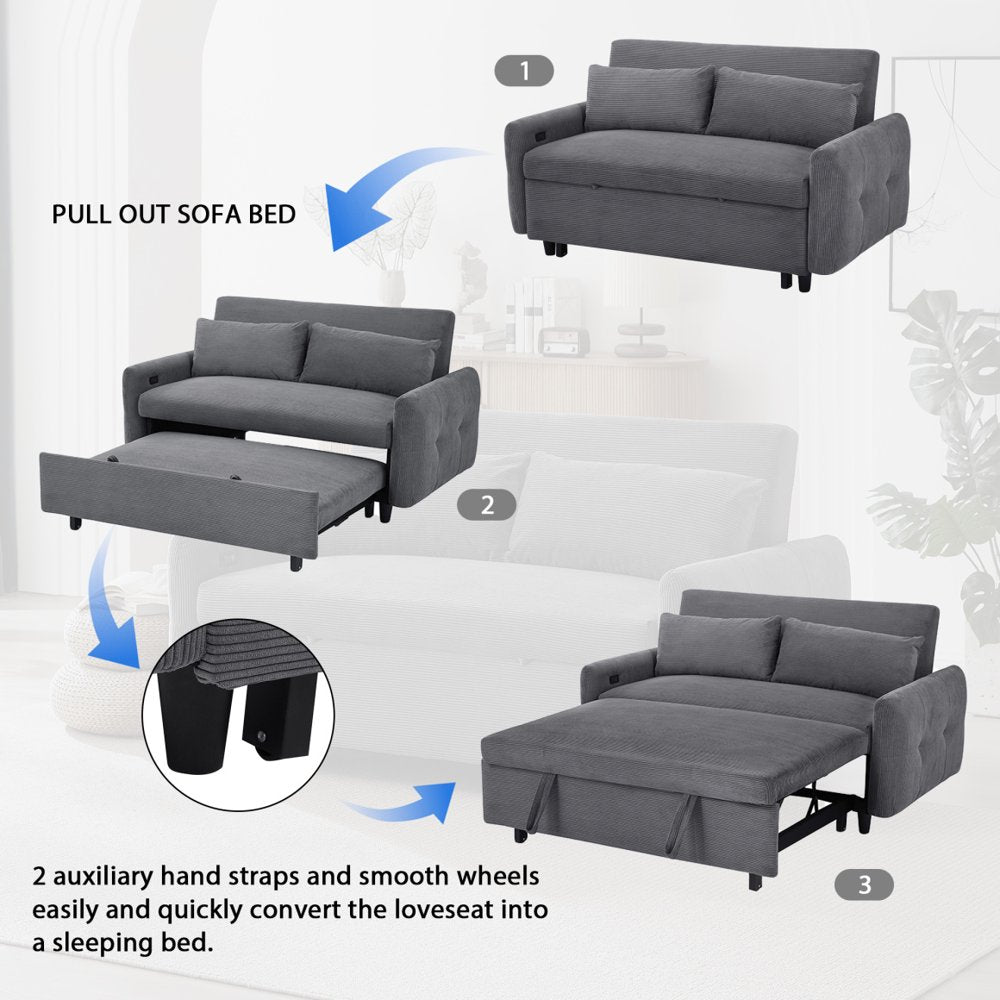 57.48" Dark Grey Corduroy Loveseats, Convertible with USB Ports & Adjustable Backrest