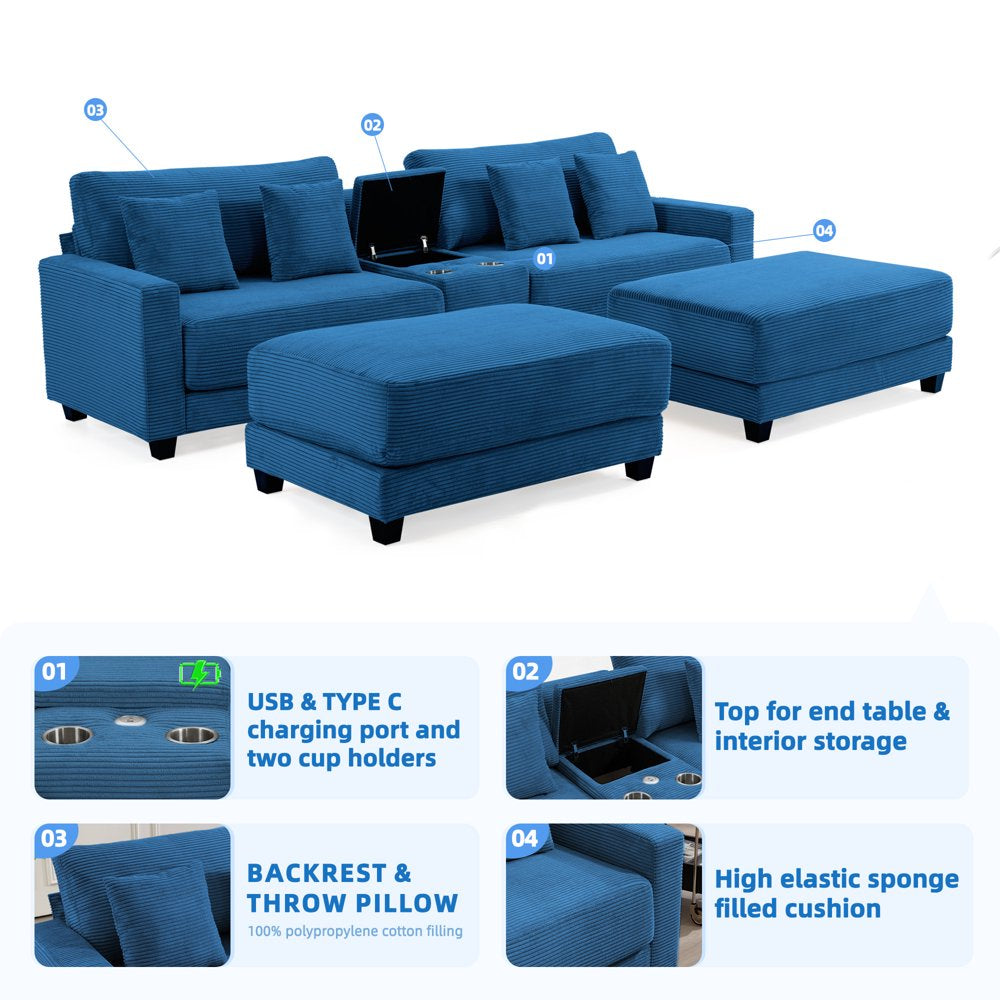 Modern U-Shape Oversized Corduroy Couch with 2 Ottoman