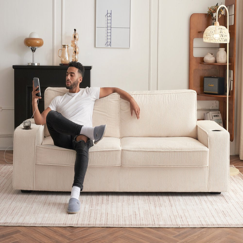 89 Inch Beige Oversized Corduroy Couch with USB Charging Ports & Cup Holders