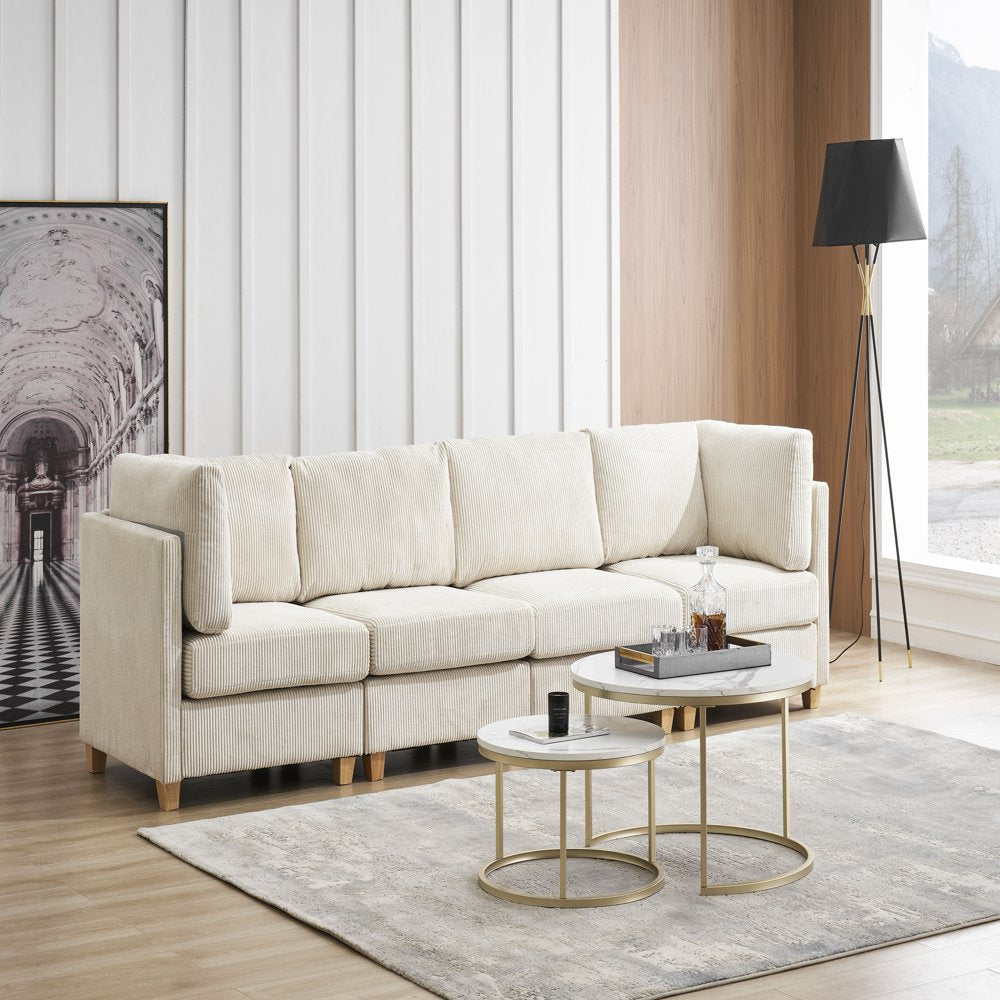 Modular L-Shaped Beige Corduroy Sectional Couch with Cushion & Sturdy Wooden Leg