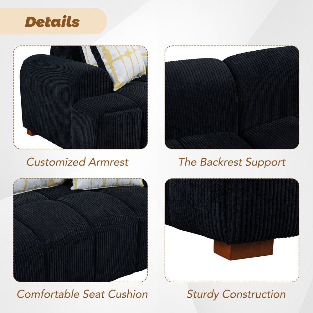 103.9" Modern 4-Seater Black Corduroy Couch Set with 4 Pillows