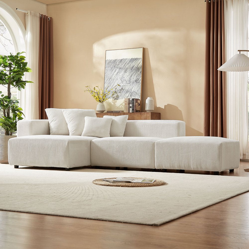 118" Modern L-Shaped Beige Corduroy Sectional Couch with Reversible Chaise