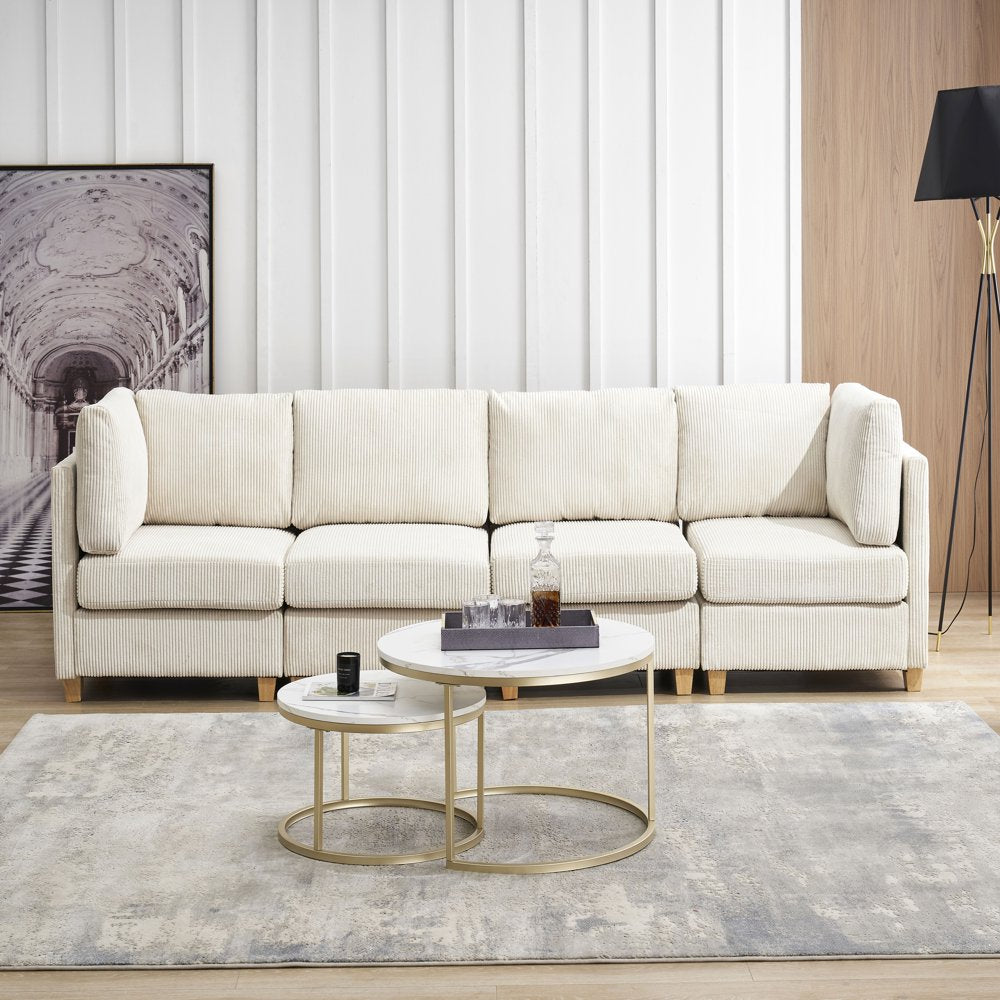 Modular L-Shaped Beige Corduroy Sectional Couch with Cushion & Sturdy Wooden Leg