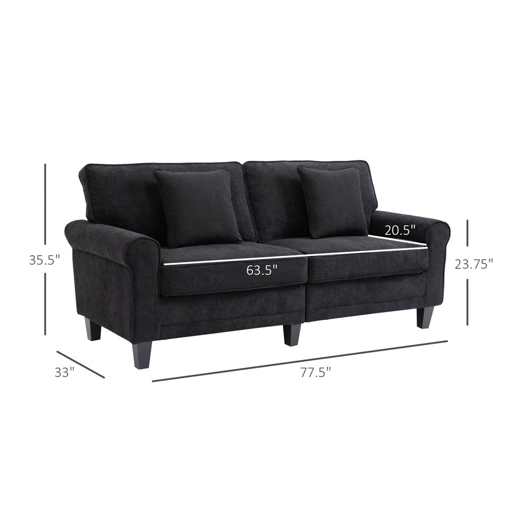 3-Seater 78" Thick Padded Black Oversized Corduroy Couch with 2 Pillows