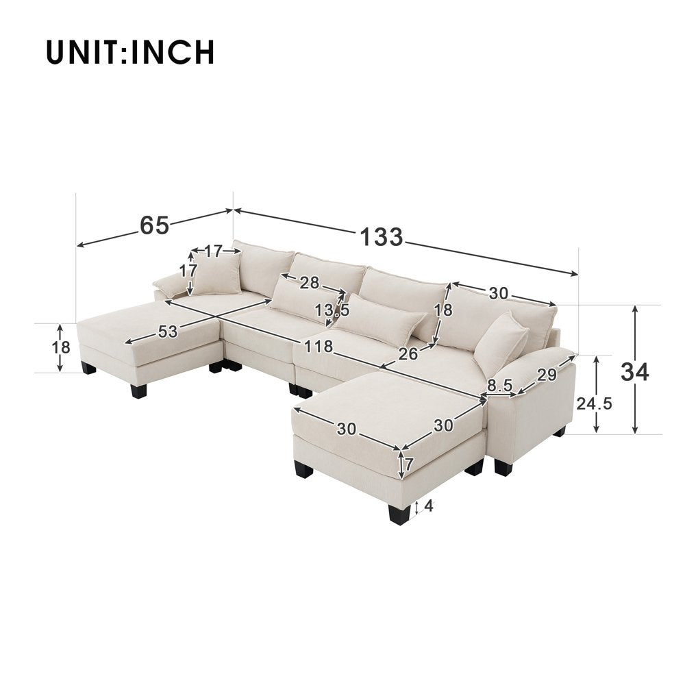 133" U Shaped Beige Corduroy Sectional Couch with Armrest Bags