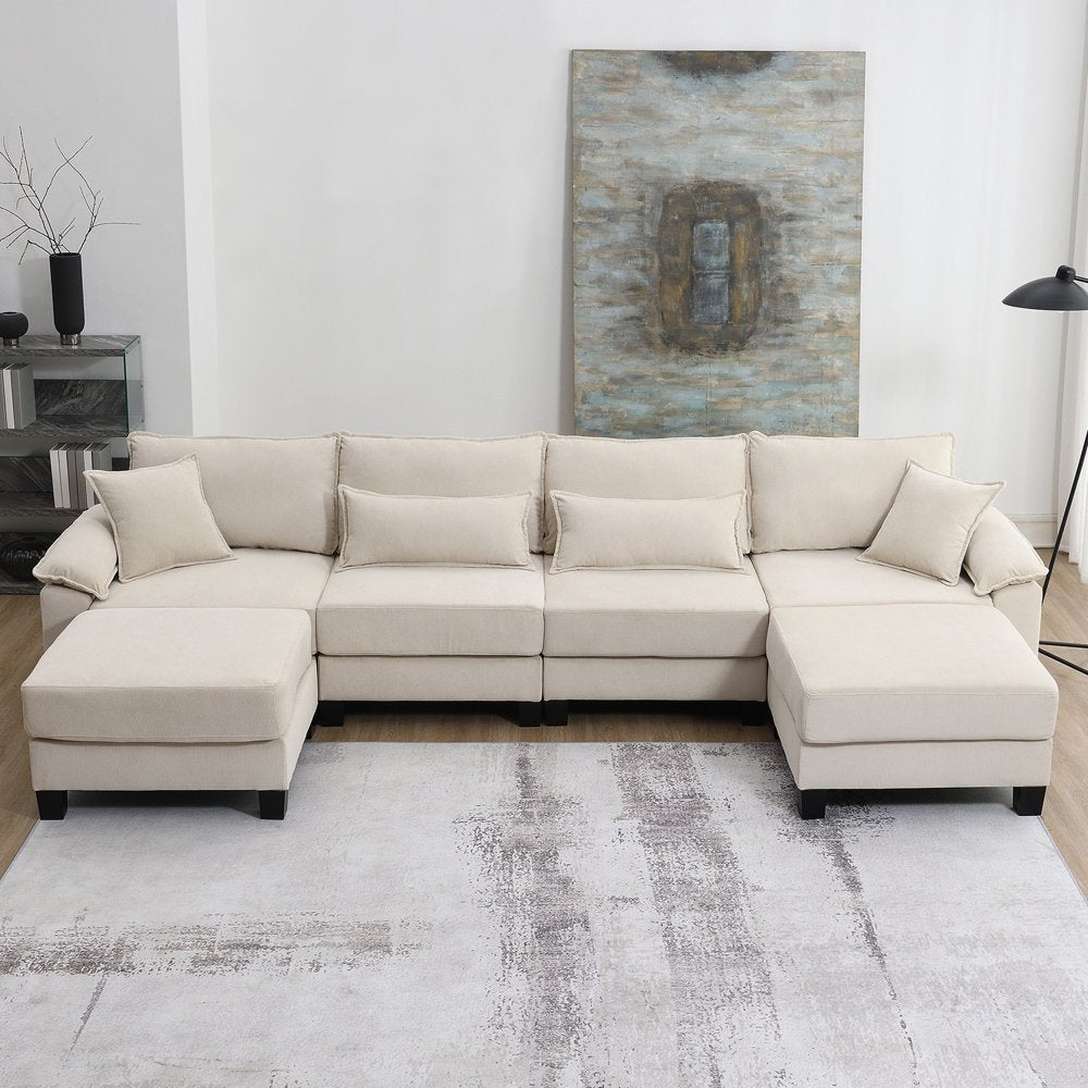 133" 6 Seater U Shaped Oversized Beige Corduroy Couch with Armrest Bags