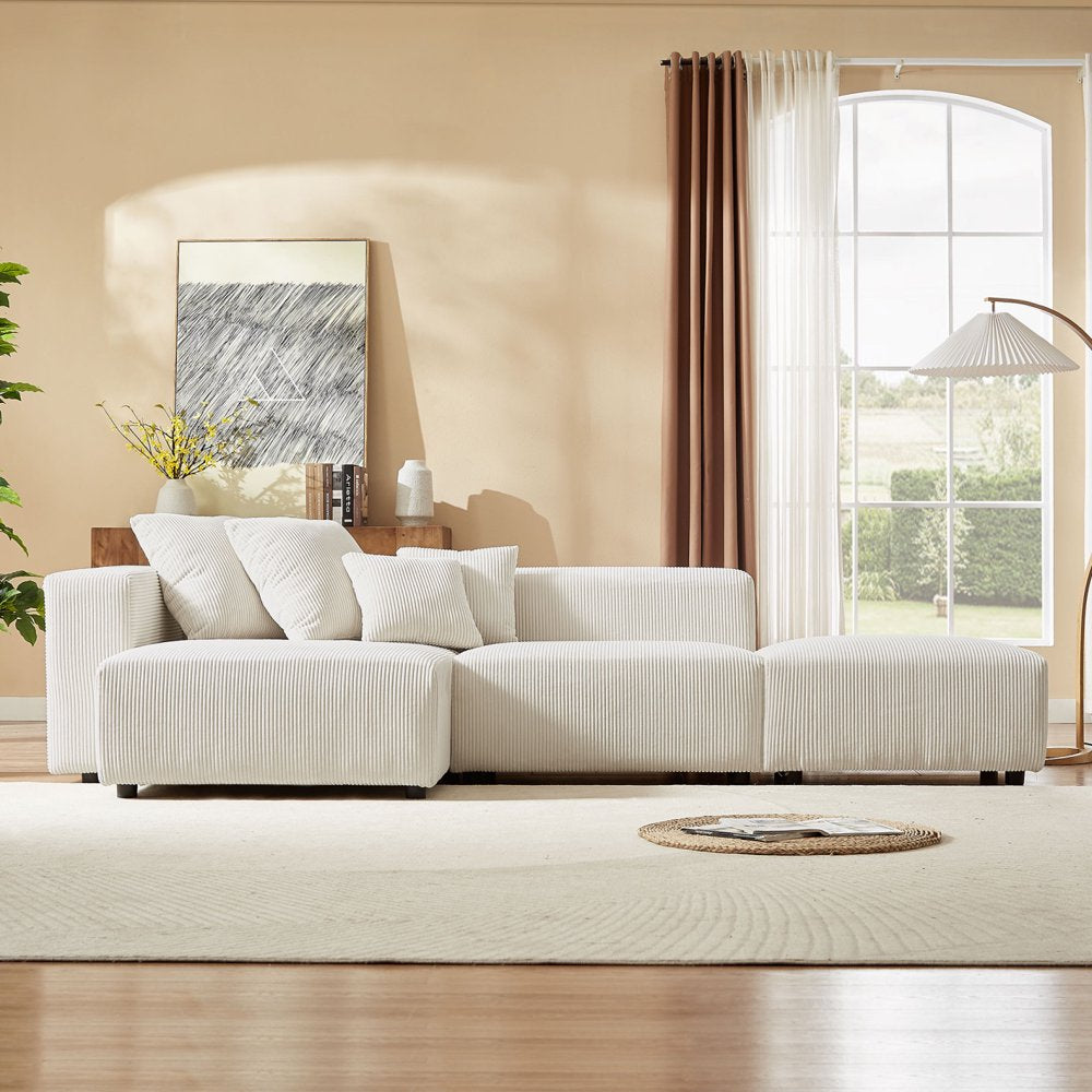 118" Modular L-Shaped Beige Corduroy Couch Set with Reversible Chaise